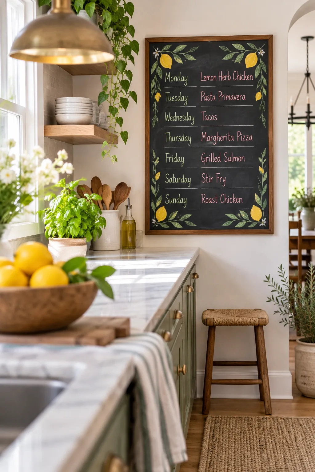 Side angle view of the complete 60 by 90 centimeter chalkboard menu styled in a bright kitchen with a bowl of lemons.