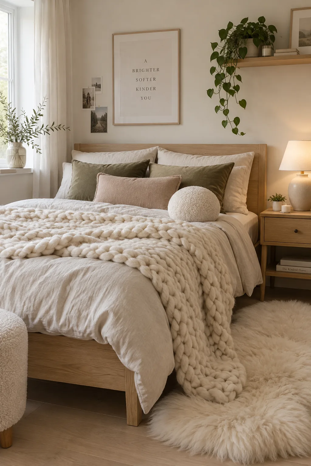 A teen bed styled with a chunky knit blanket and velvet pillows