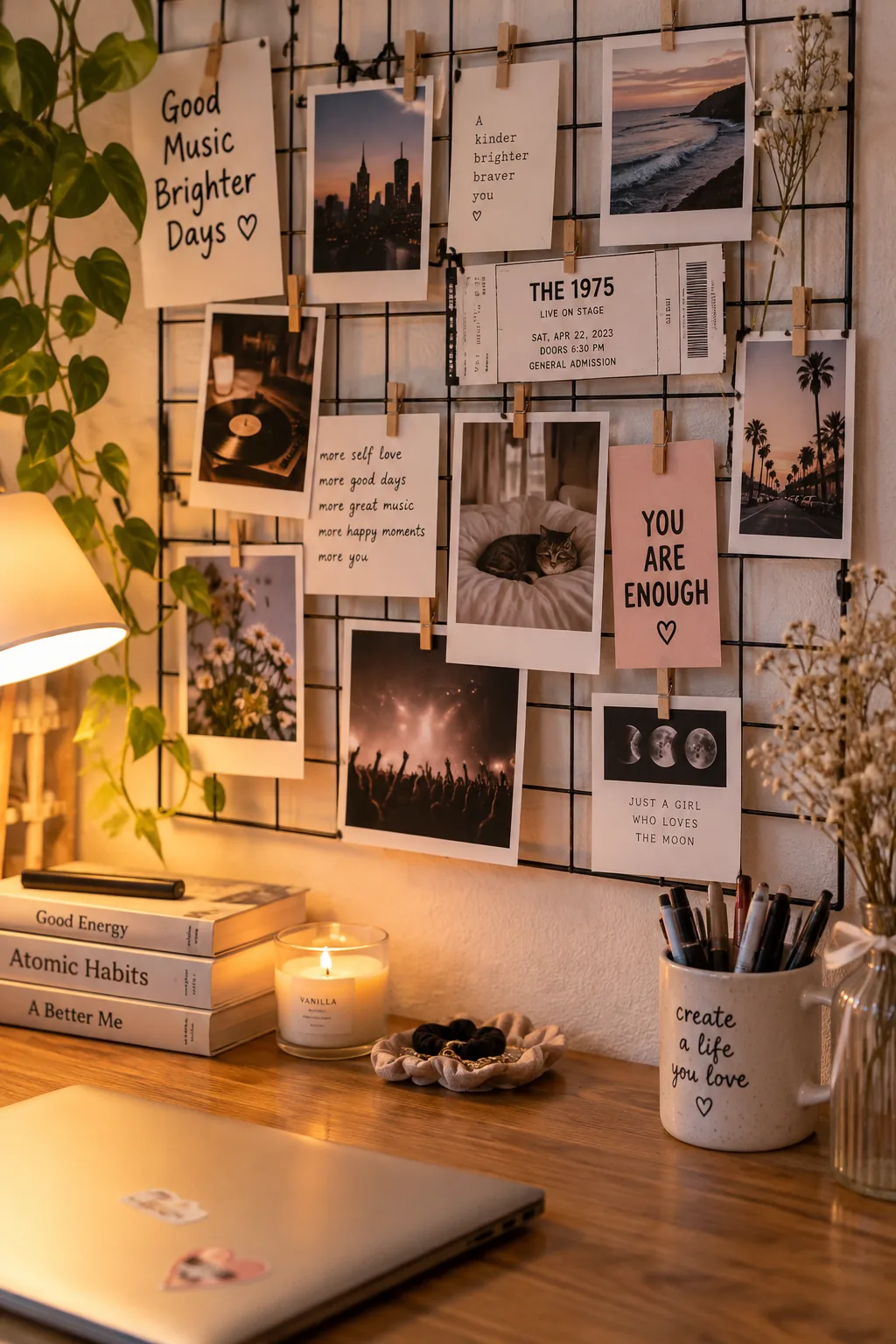 Wire wall grid above a desk with photos clipped on