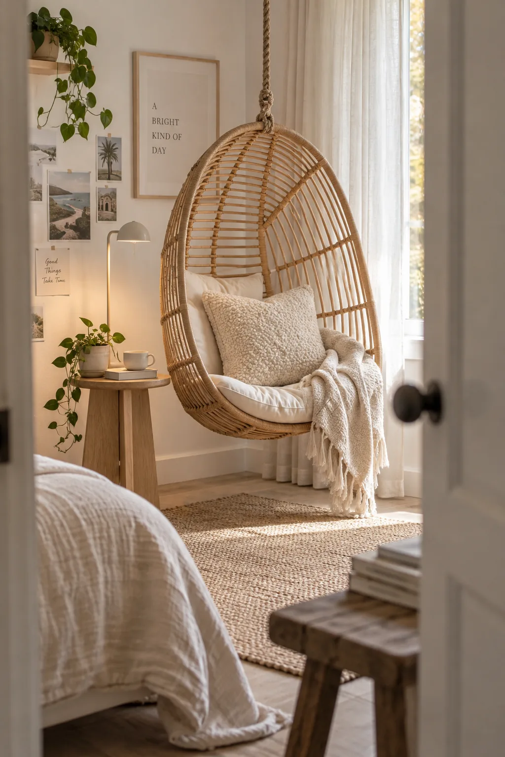 Hanging rattan chair in a bedroom corner with a textured pillow