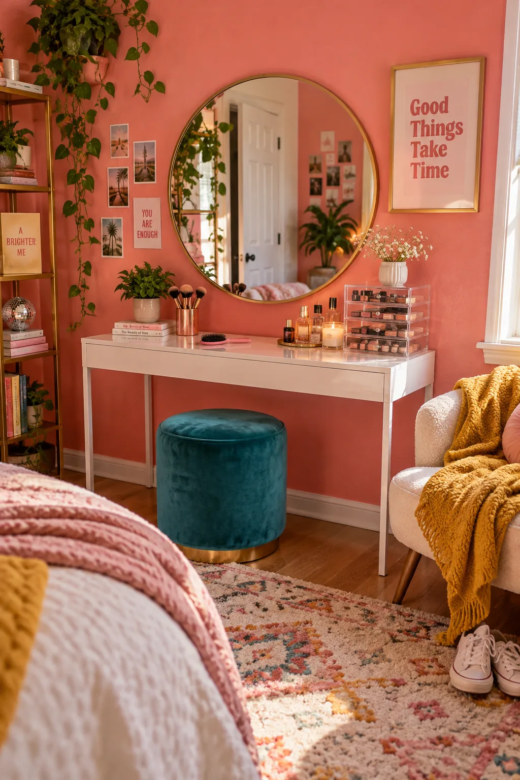 Slim console table repurposed as a makeup vanity with a round mirror