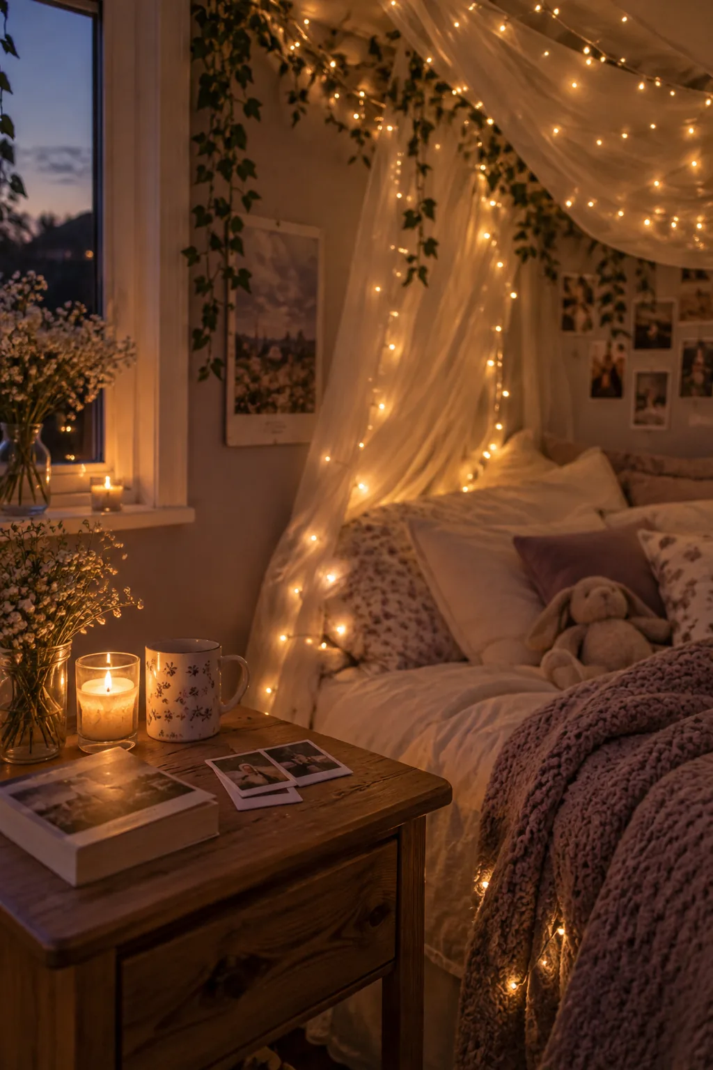Fairy lights strung across a bedroom ceiling above the bed