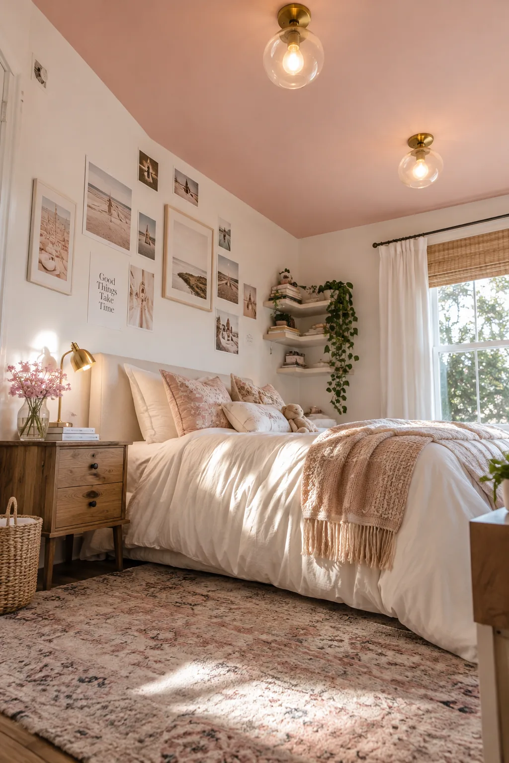 Bedroom with white walls and a soft blush pink painted ceiling