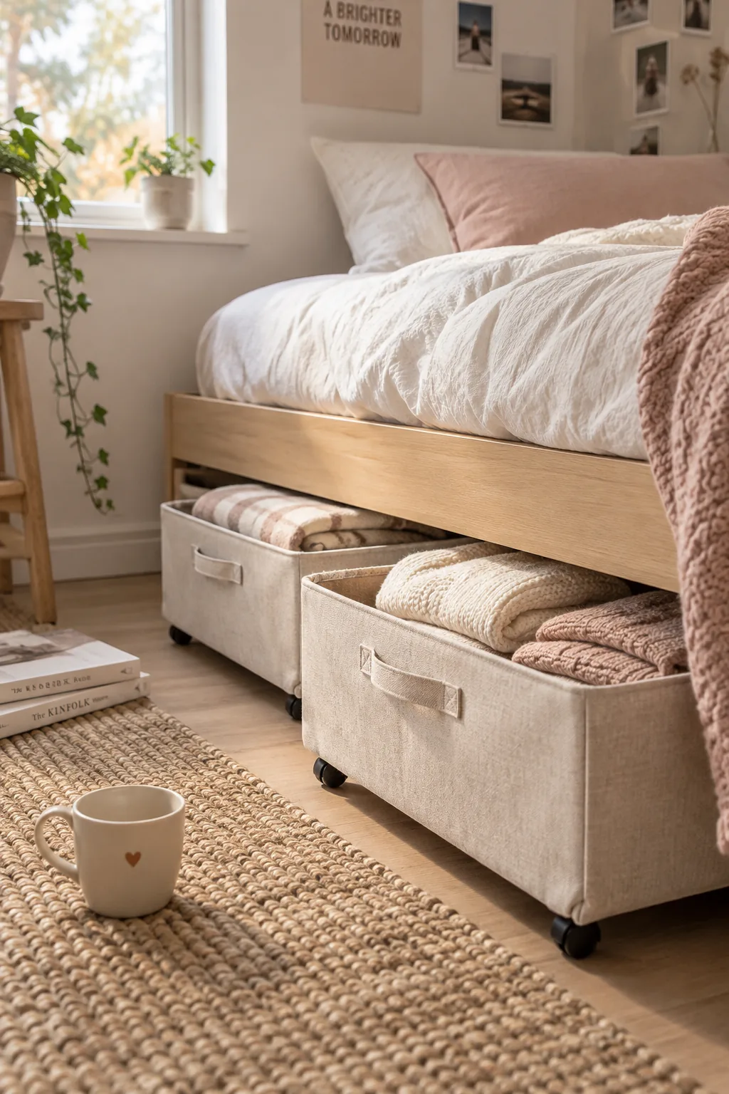 Fabric-covered rolling storage bins pulled out from under a bed