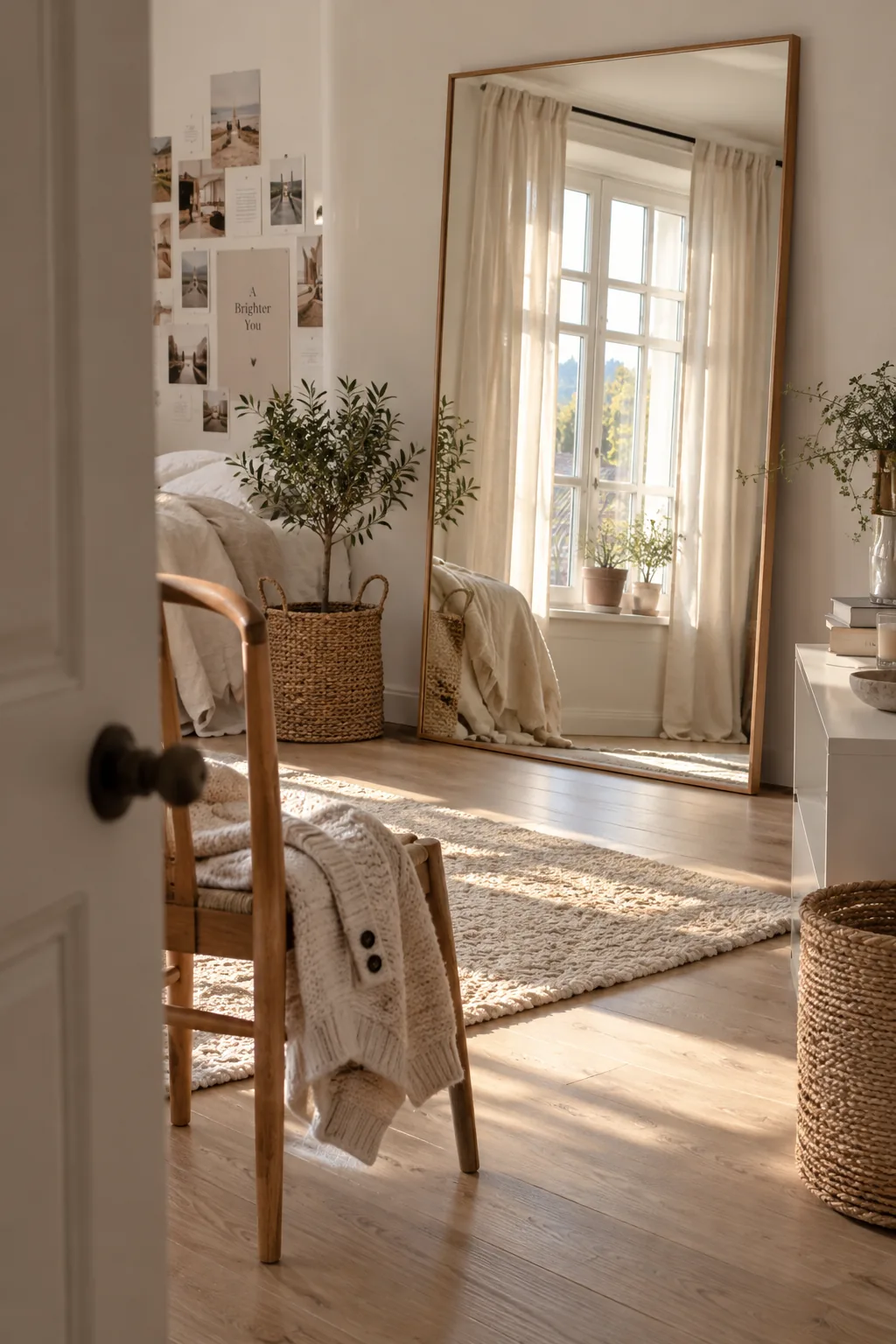 Large gold arched floor mirror leaning against a bedroom wall
