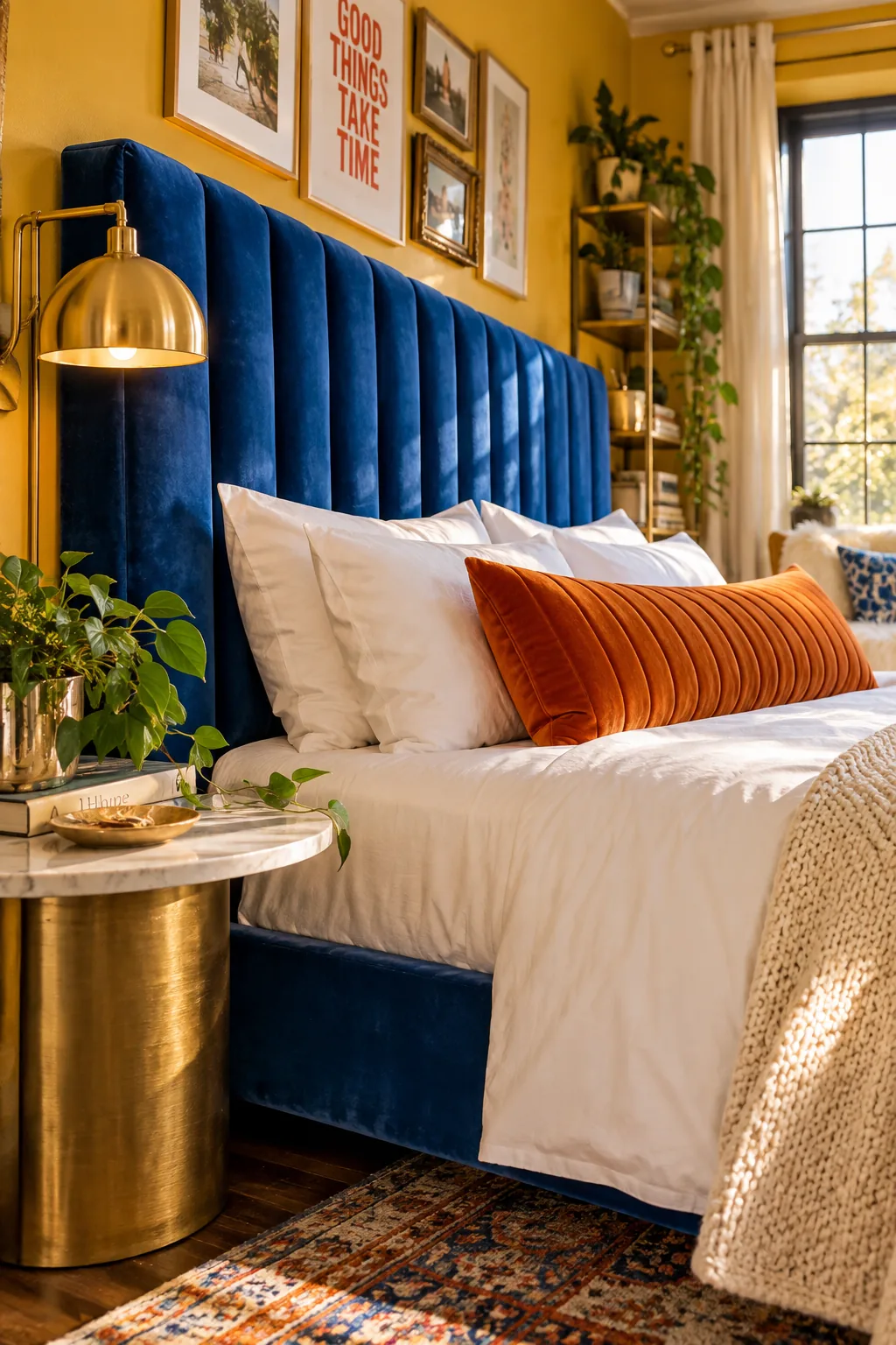 Rich velvet channel-tufted headboard in a teenager's bedroom