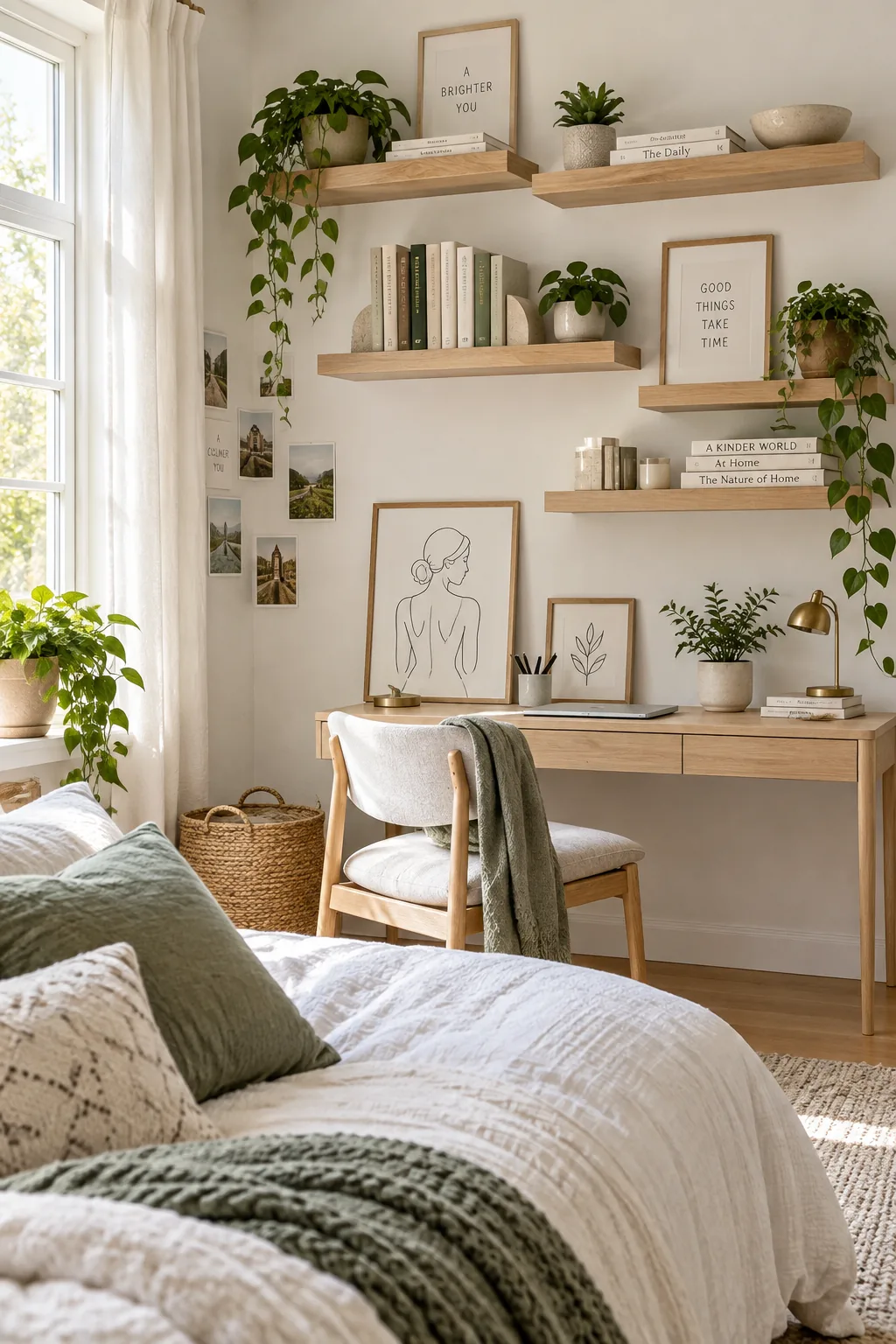Floating shelves arranged in a staggered pattern holding books and plants