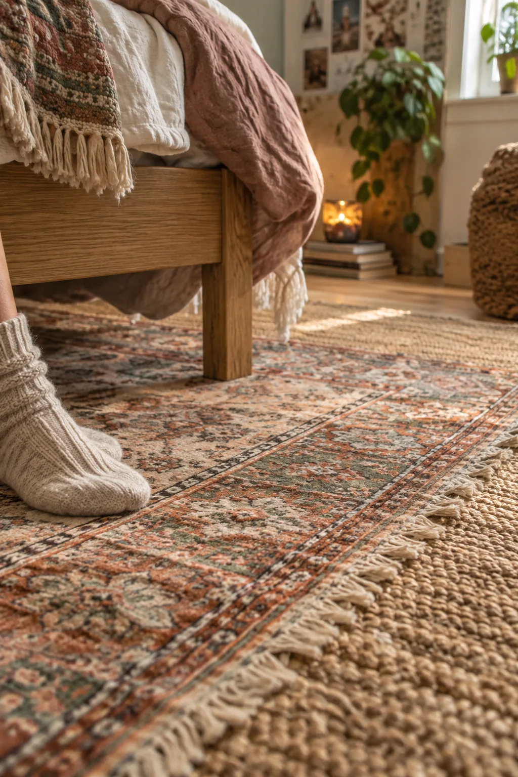 Vintage runner layered over a large jute rug under a bed