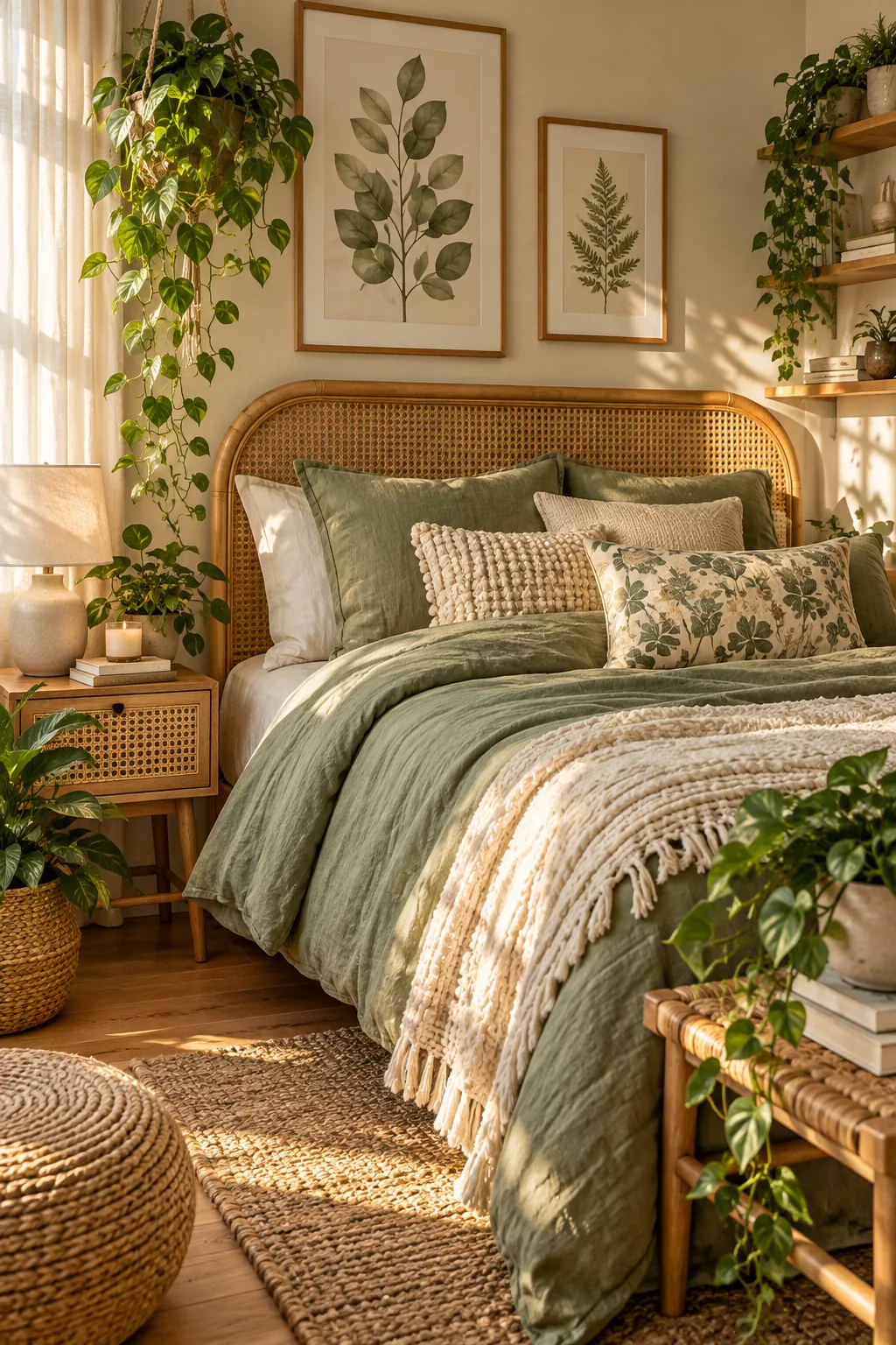 Bedroom styled with sage green bedding and a natural rattan headboard