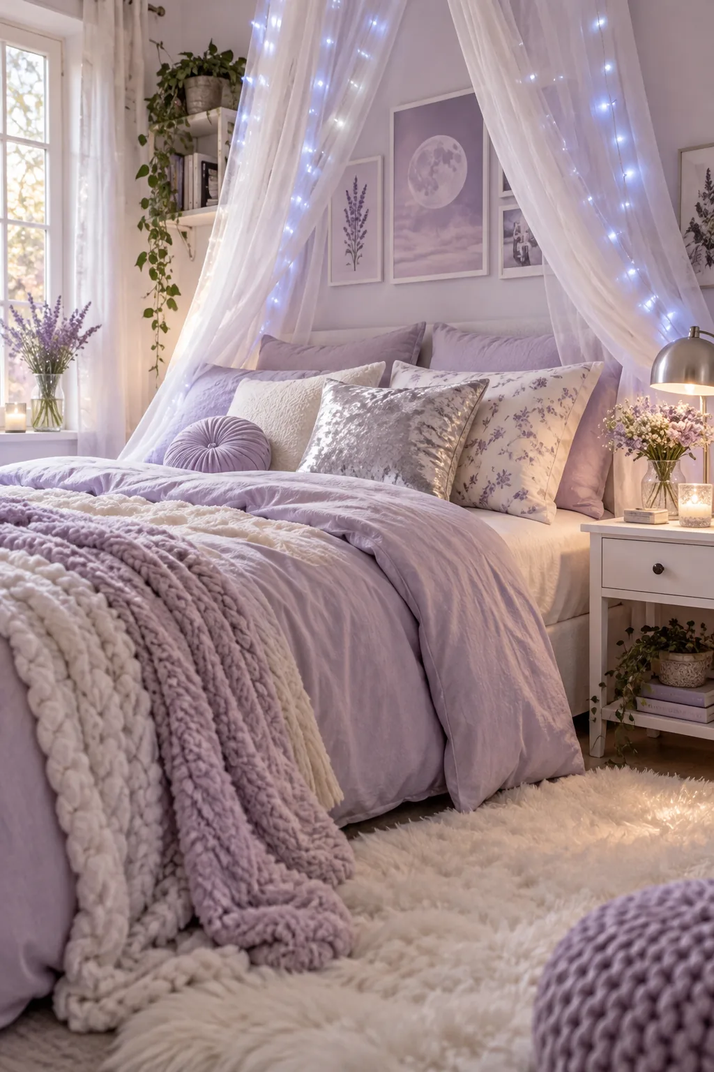 Bedroom styled with lavender bedding and a sheer white canopy