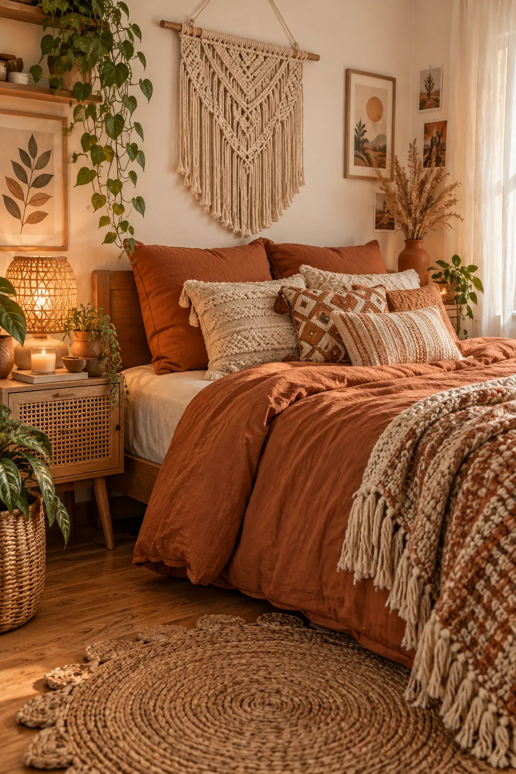 Boho bedroom corner with burnt orange bedding and a large macrame wall hanging