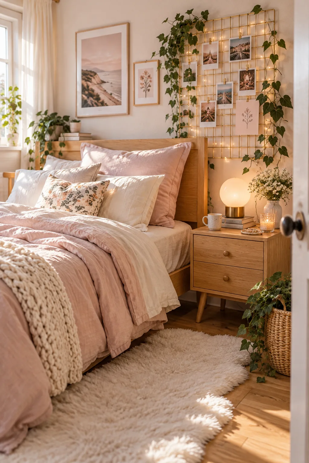 Bright bedroom corner featuring a light oak nightstand and a bed dressed in soft blush pink and cream linen sheets