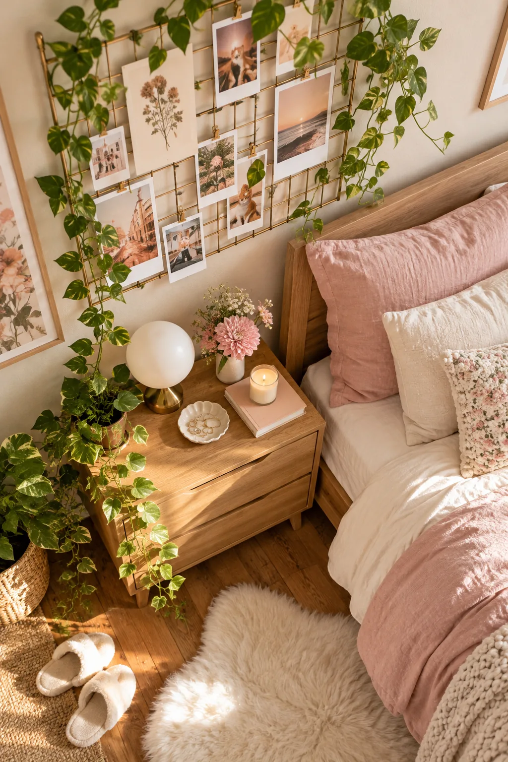 Brass wire wall grid hanging above a nightstand, decorated with polaroid photos and small art prints