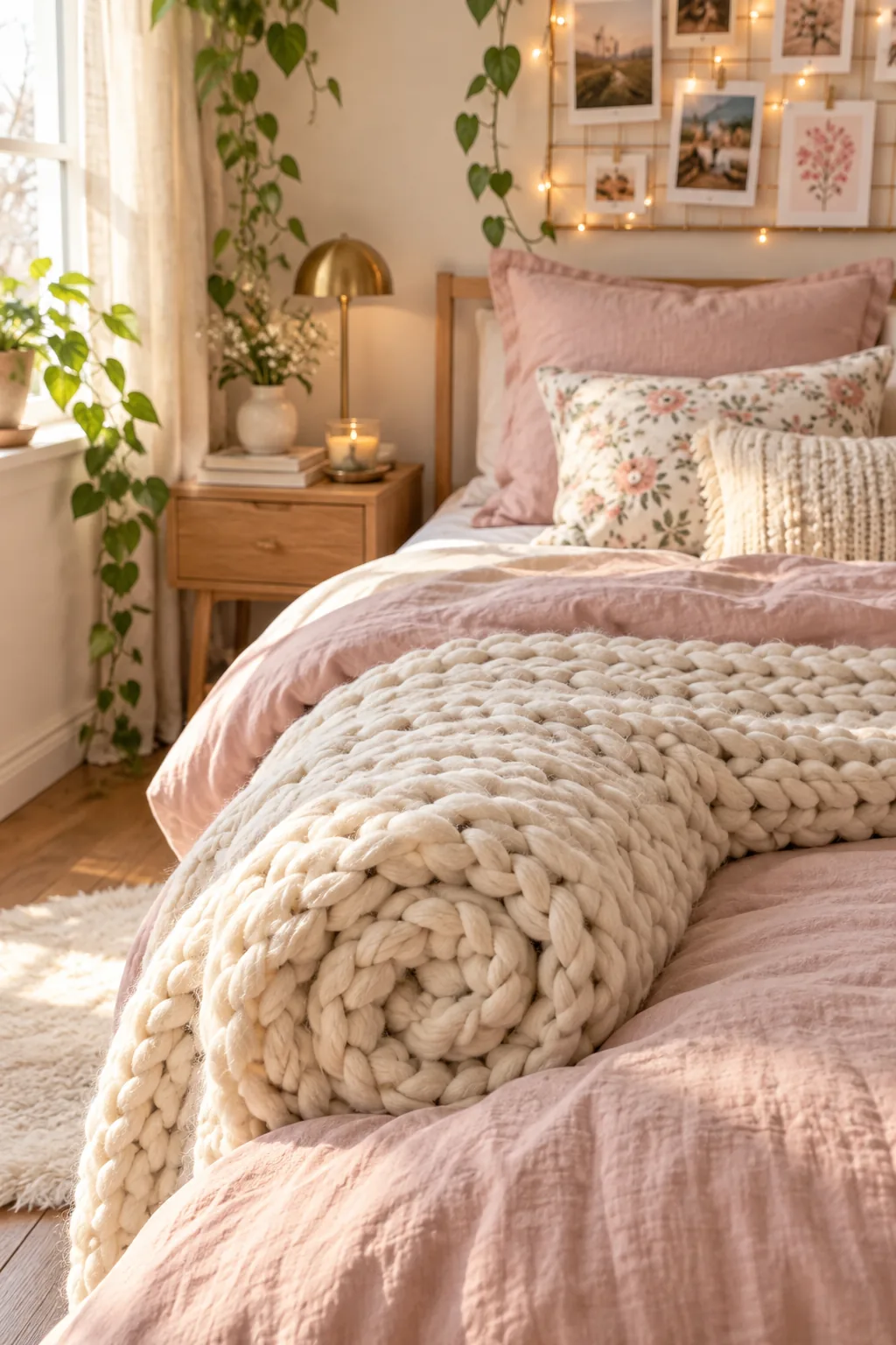 Large pink linen European sham propped up against a headboard behind smaller floral pillows
