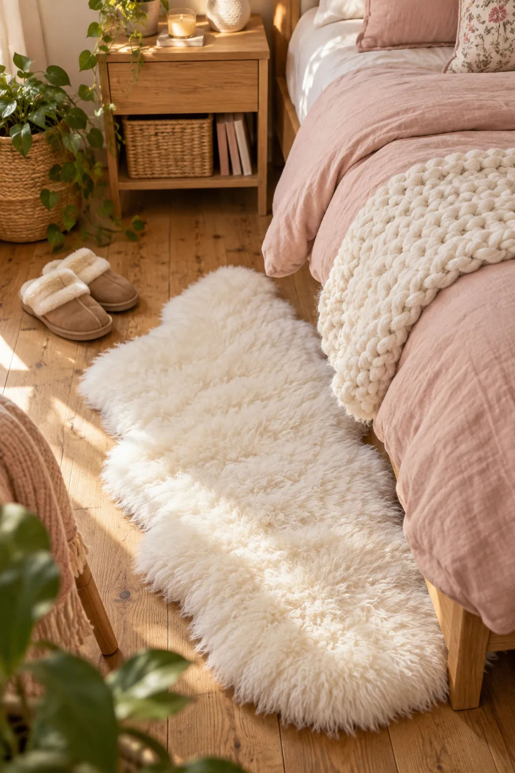Thick cream chunky knit blanket rolled into a puffy bolster shape at the foot of a pink bed
