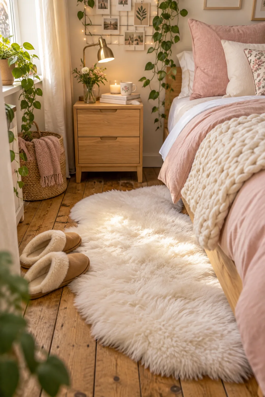 Fluffy white faux sheepskin rug on a wooden floor right beside a bed frame with soft slippers
