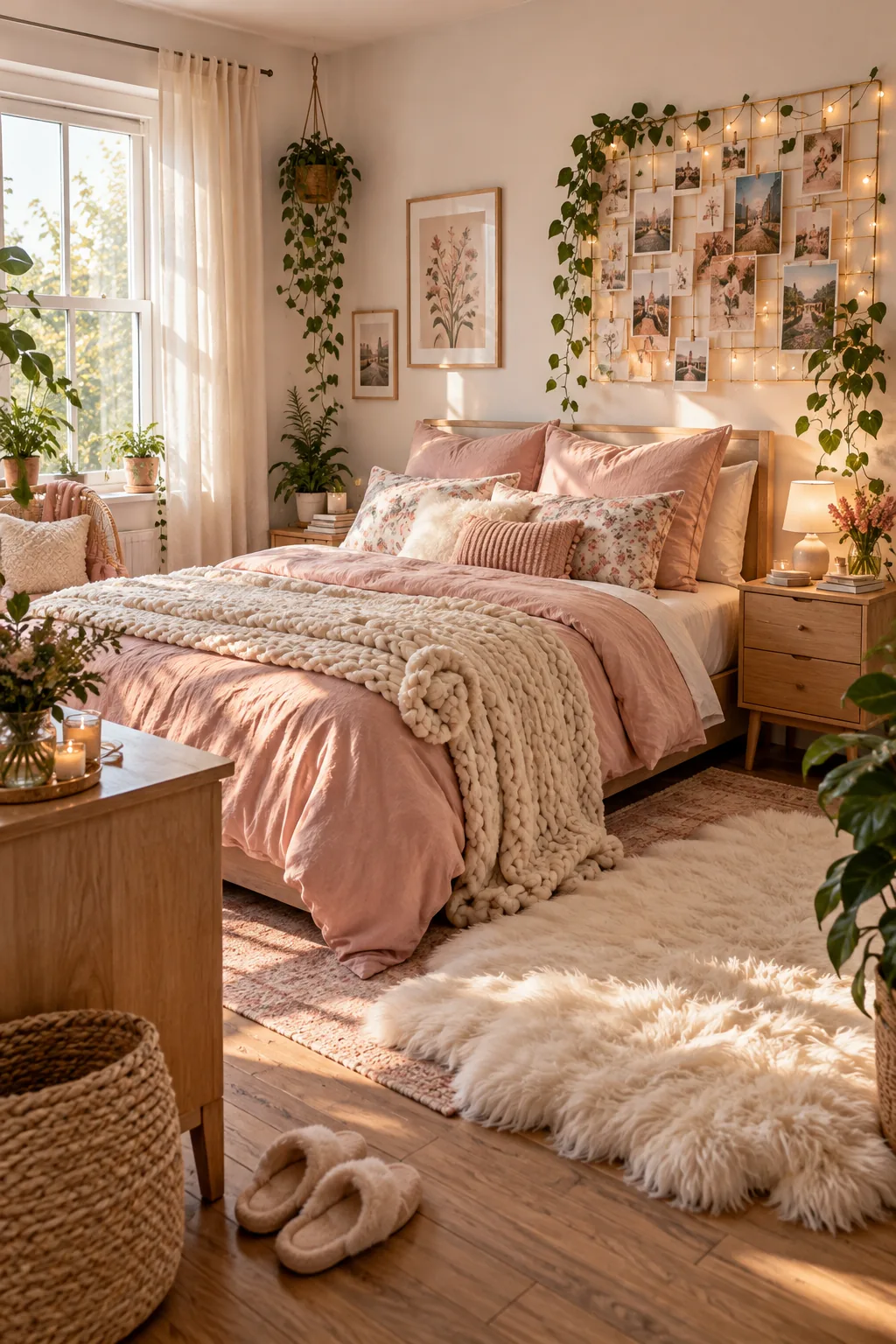 Fully styled cozy bedroom corner with glowing fairy lights, layered pink bedding, and a fluffy white rug