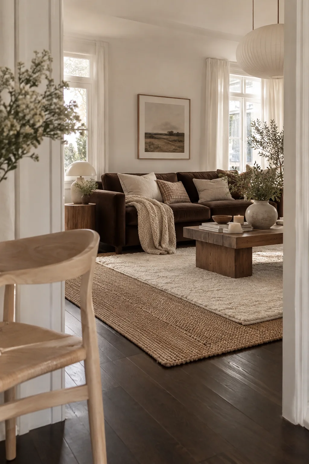 Cream rug under a dark brown sofa in a living room