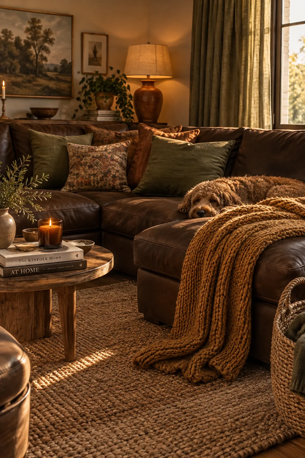 Brown couch styled with rust and olive green pillows