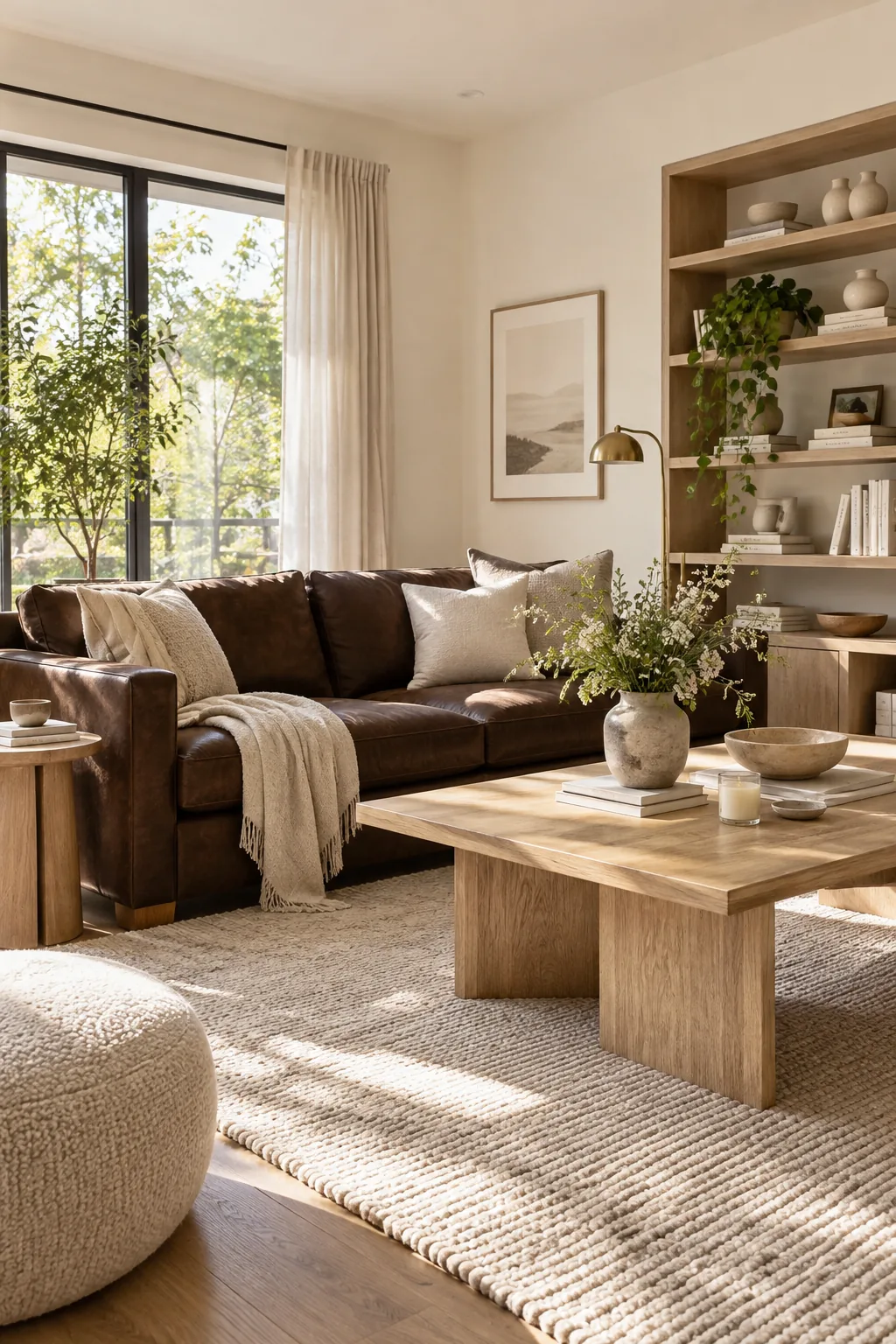 Light oak coffee table next to a dark brown couch