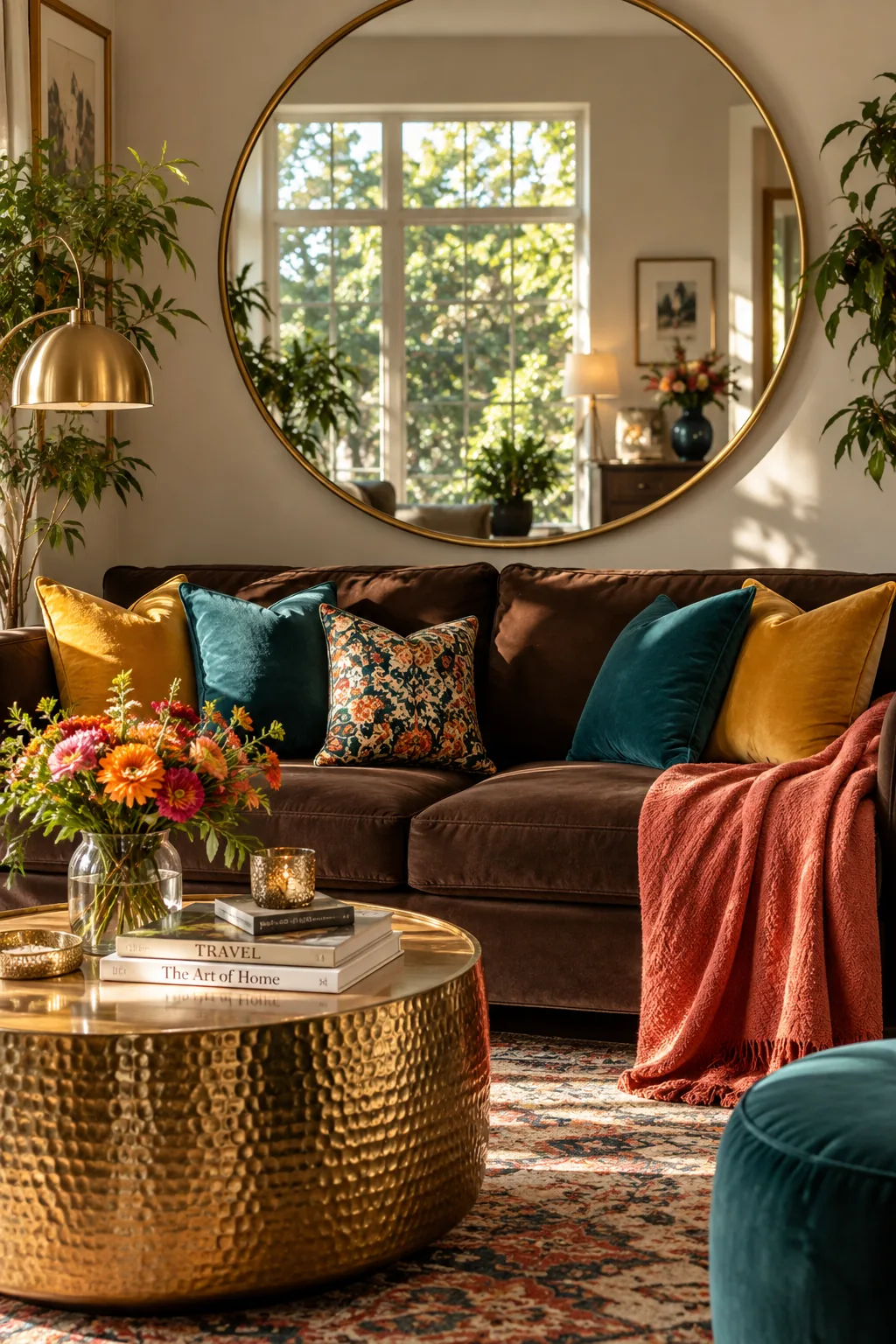Brass mirror hanging in a living room with a brown sofa