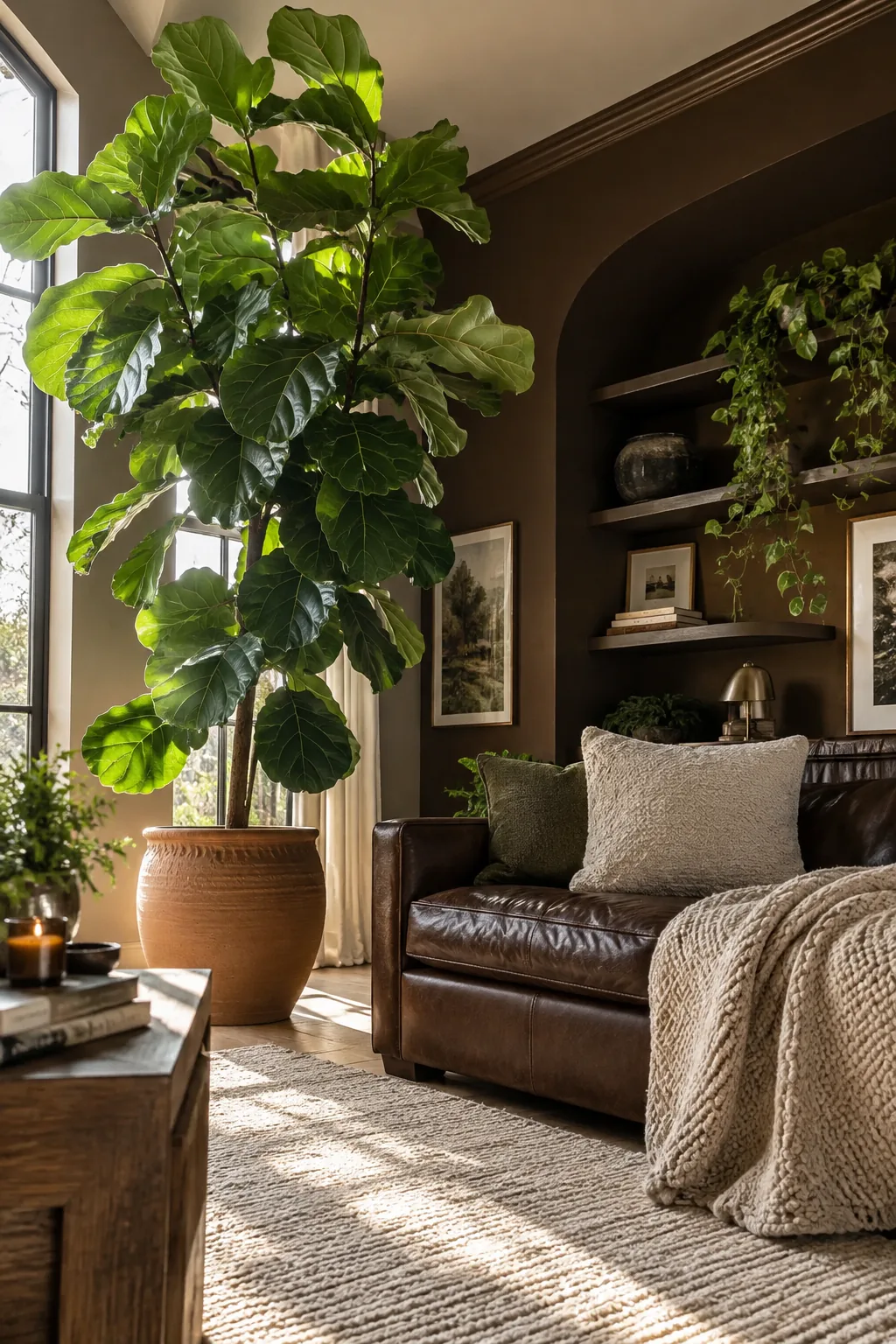 Tall fiddle leaf fig next to a brown leather sofa