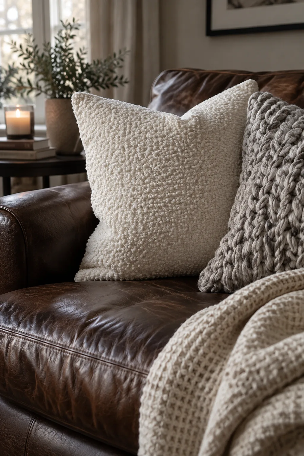 Dark brown couch with crisp white throw pillows