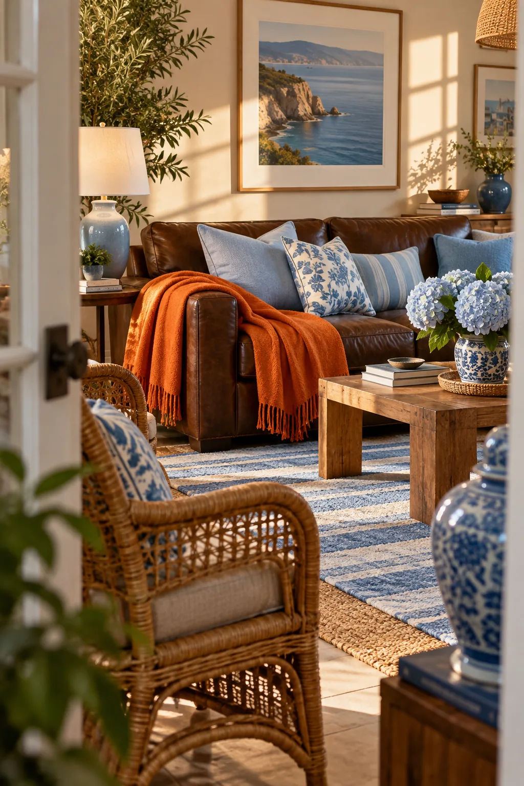 Brown couch with navy blue accent chairs nearby