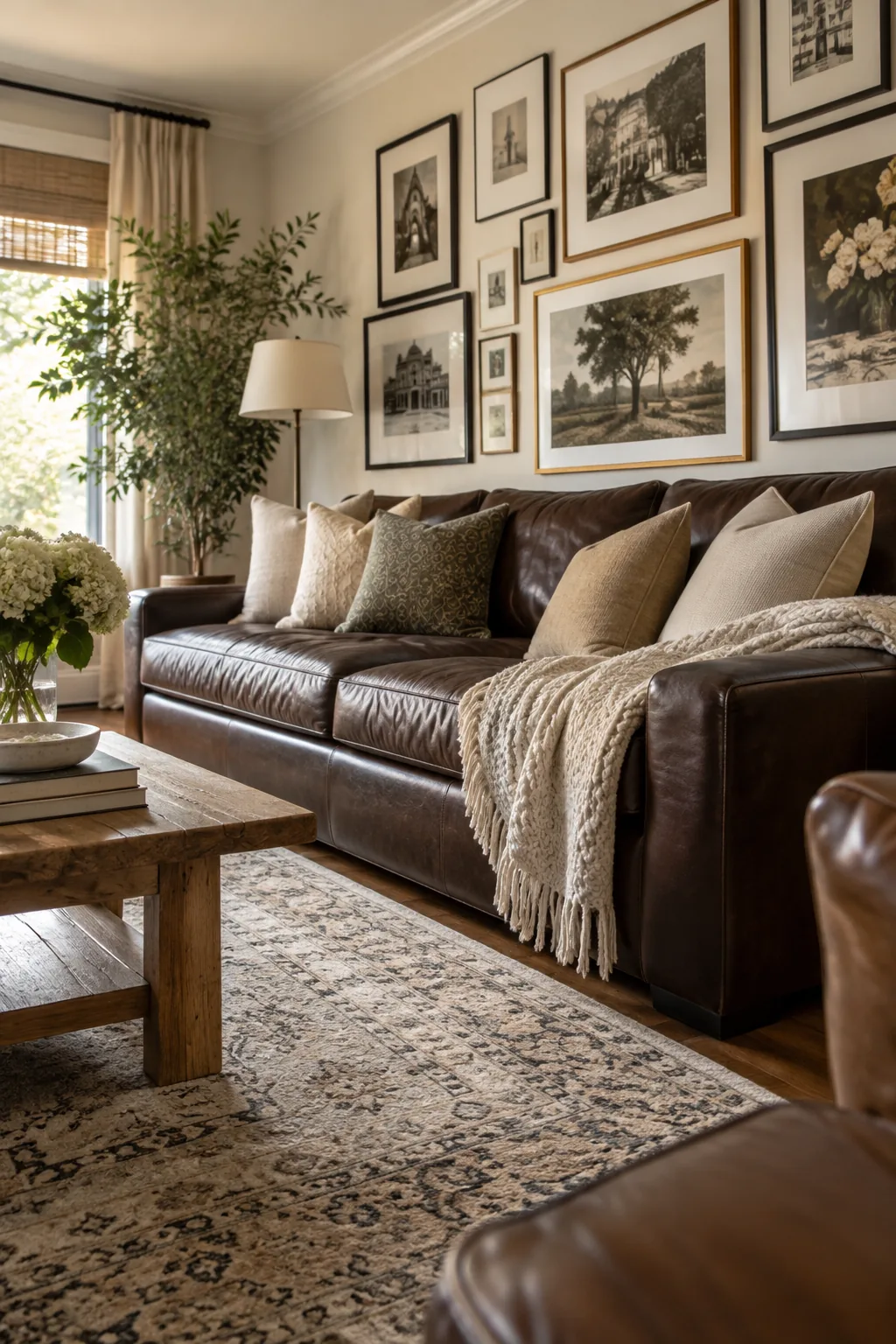 Gallery wall behind a dark brown living room couch