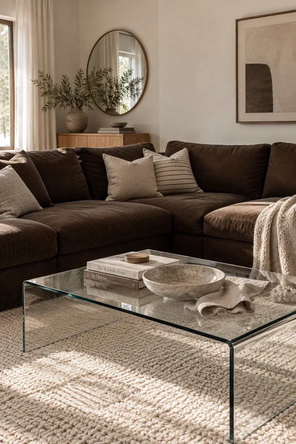 Glass coffee table in front of a bulky brown sectional