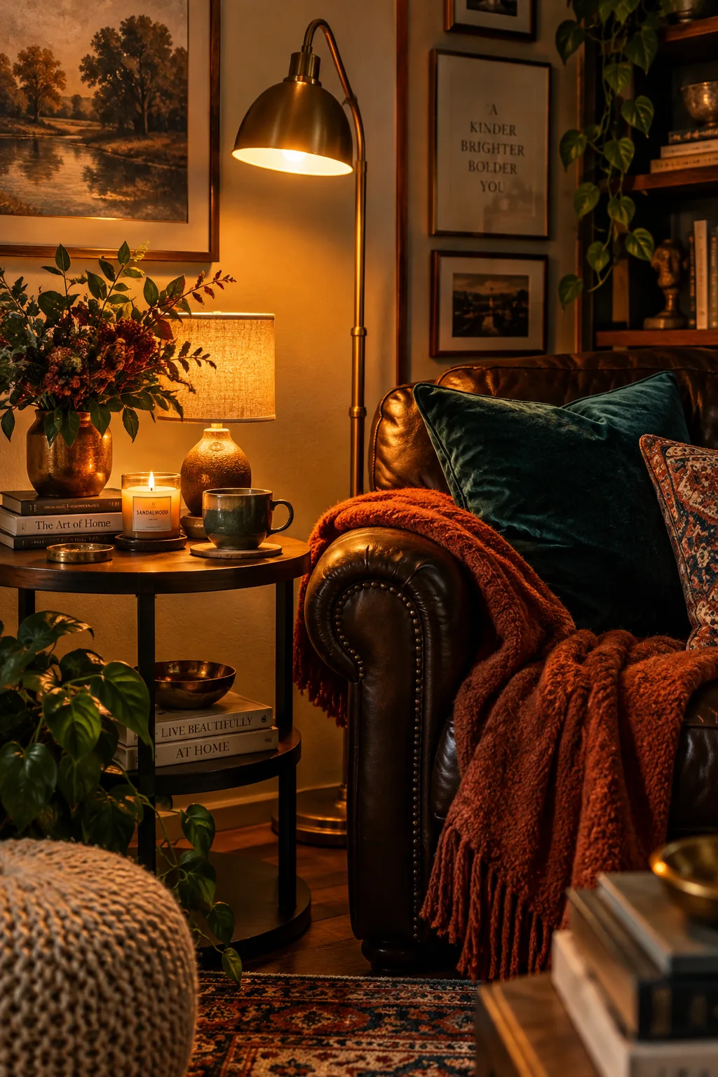 Warm floor lamps next to a dark brown sofa