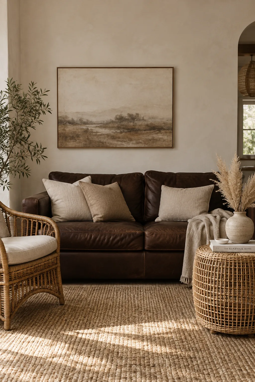 Rattan armchairs paired with a dark brown couch