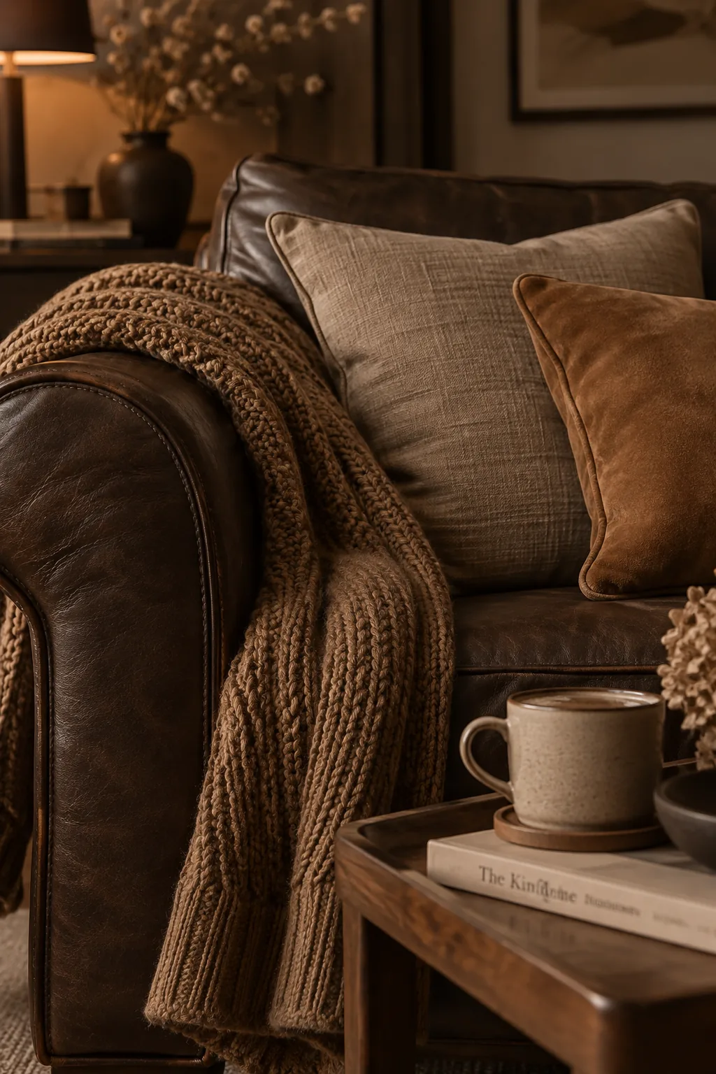 Living room with a brown couch and tan leather poufs