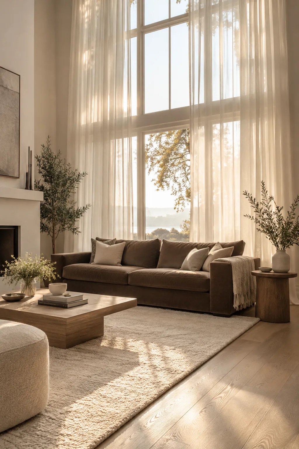 Floor-to-ceiling sheer drapes behind a brown sofa