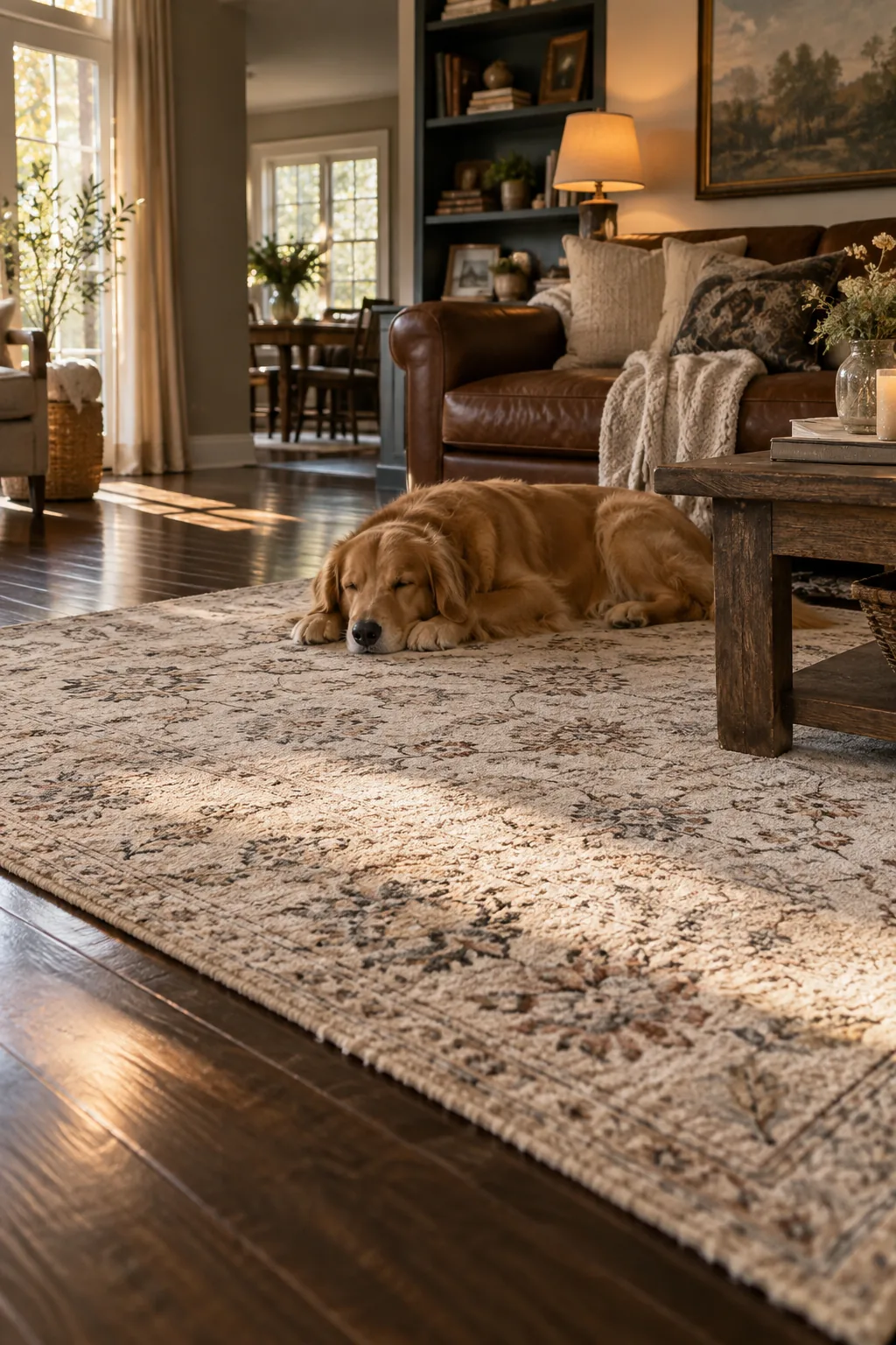 Light vintage rug layered over dark wood floors
