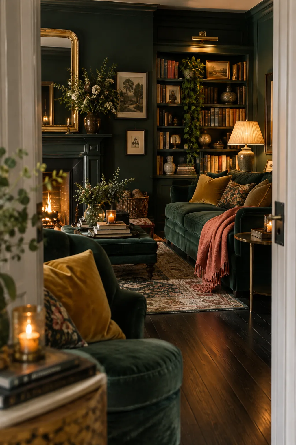 Dark green living room walls matching dark wood floors