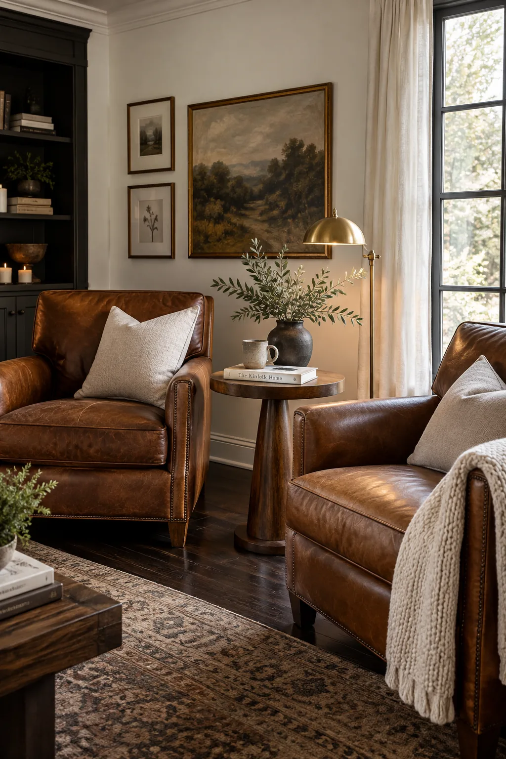 Cognac leather chairs sitting on dark mahogany wood floors