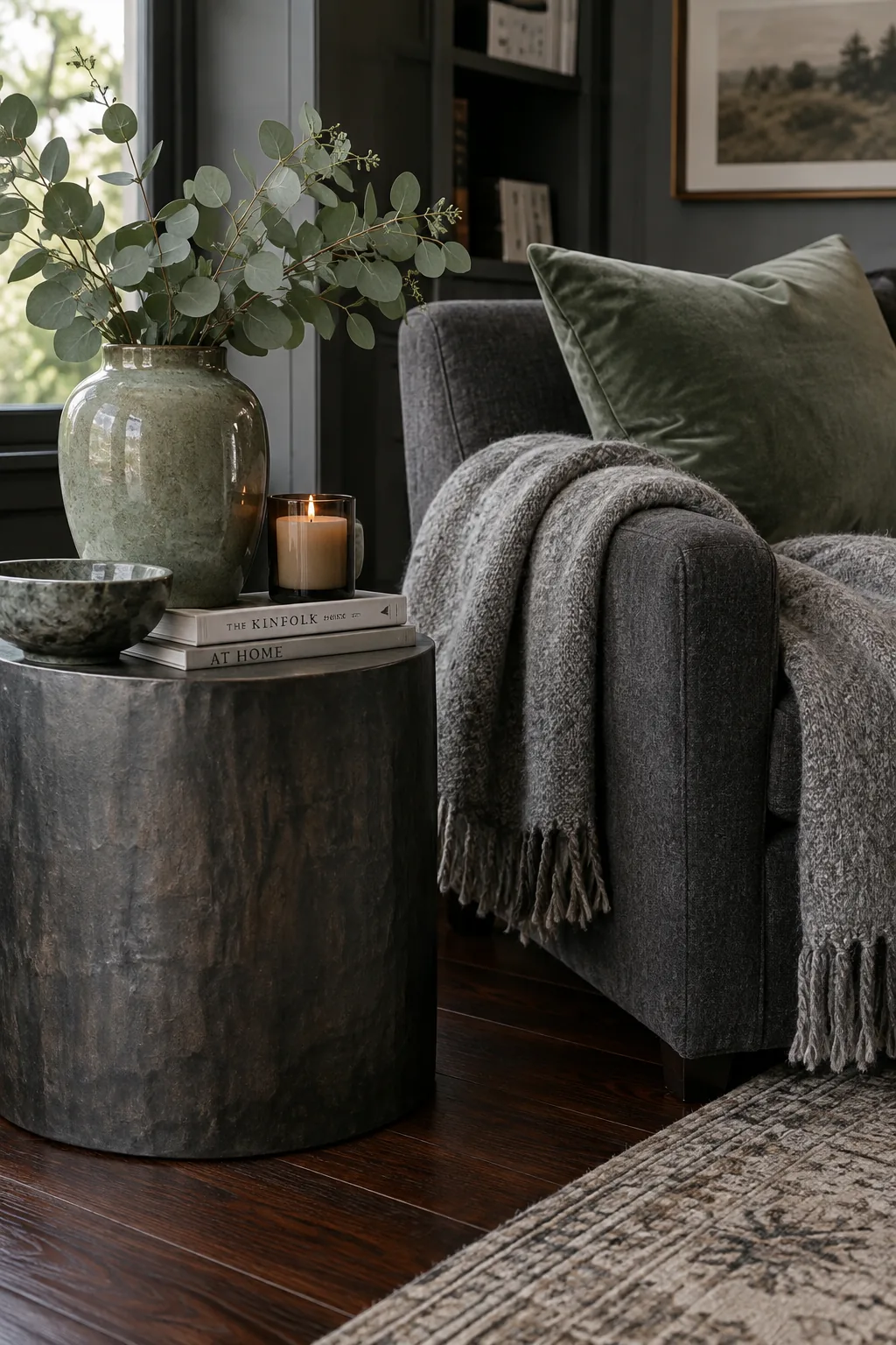 Sage green sofa on cherry-toned dark wood floors