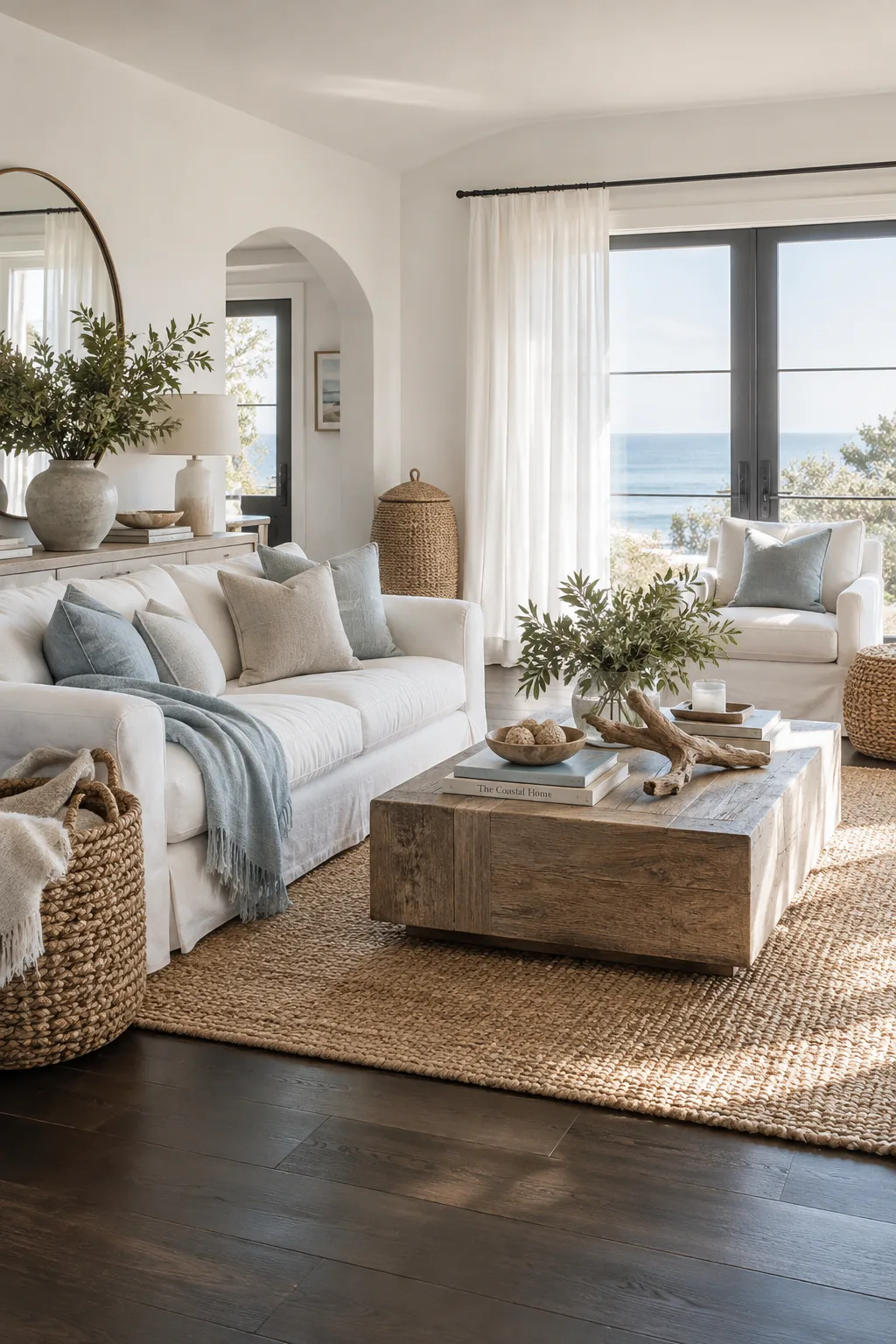 White slipcovered sofa on dark ebony wood floors