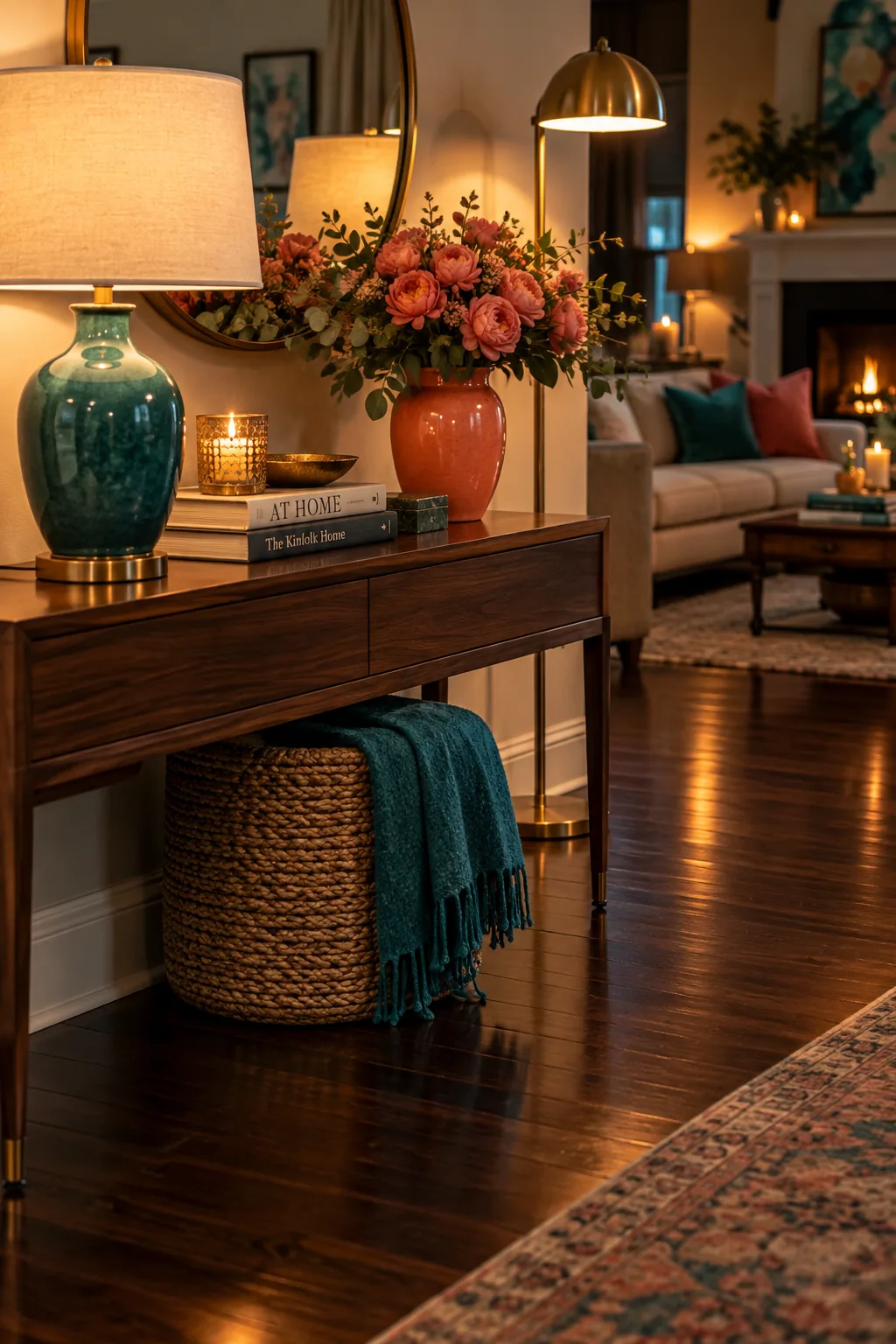 Living room with dark floors illuminated by multiple brass lamps