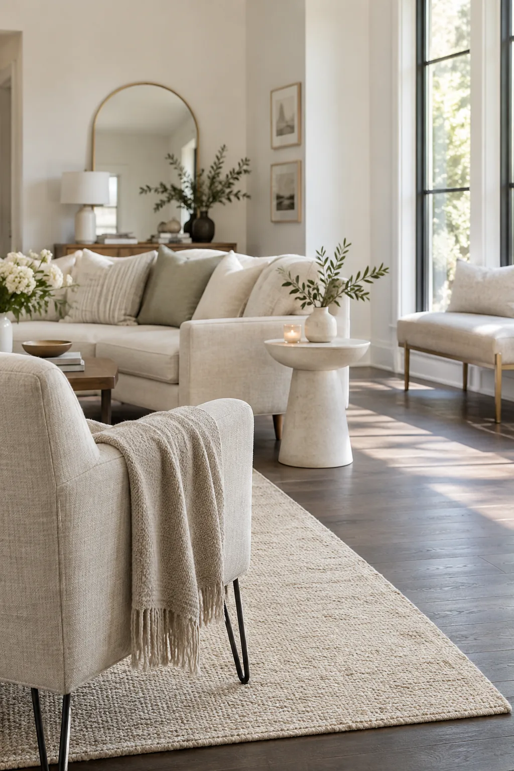 Living room furniture with metal and acrylic legs on dark floors