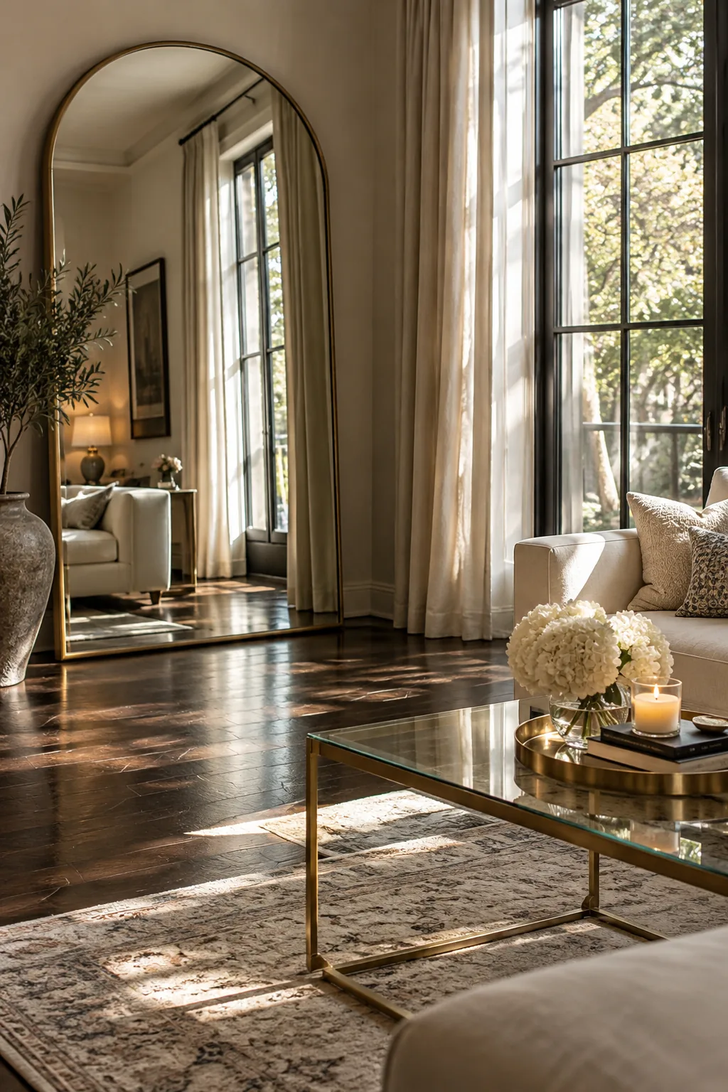 Large mirror reflecting light onto dark wood floors
