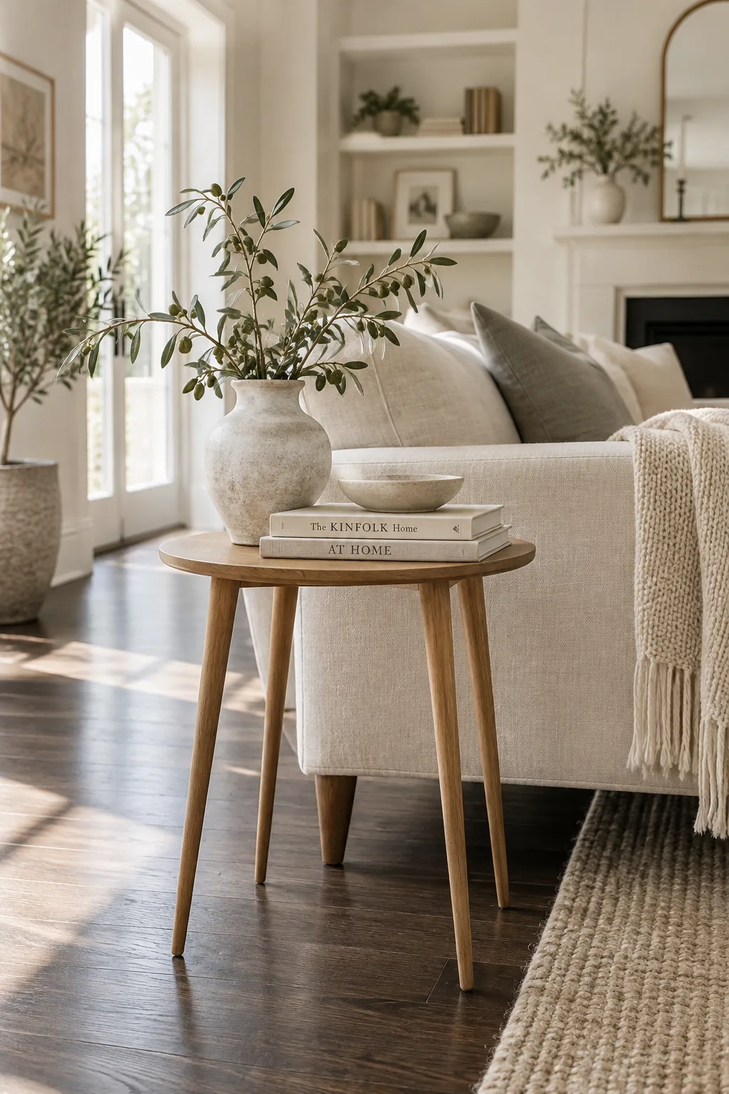 Sofa with tall tapered legs on dark wood planks