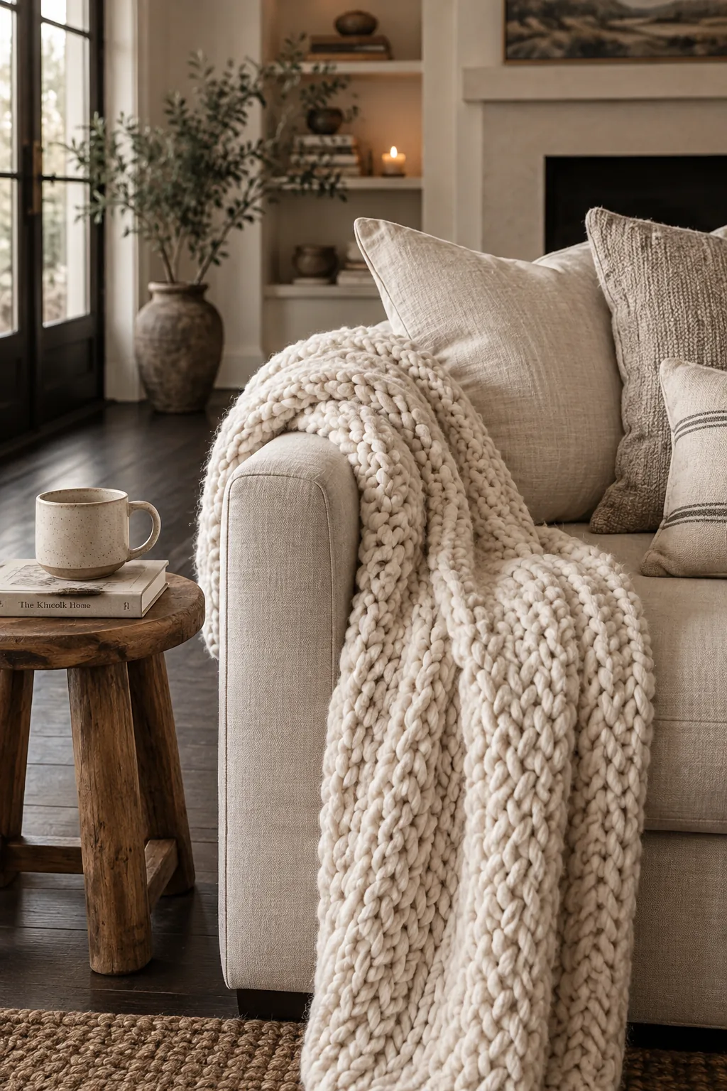 Chunky knit throw on a sofa in a dark floor living room