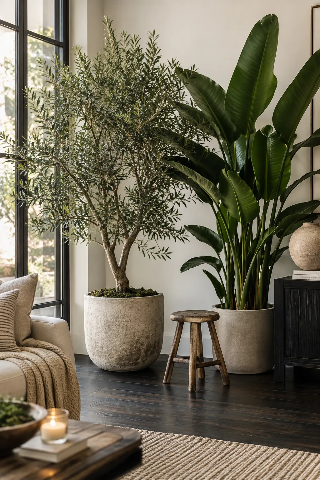 Large indoor olive tree in a light planter on dark floors
