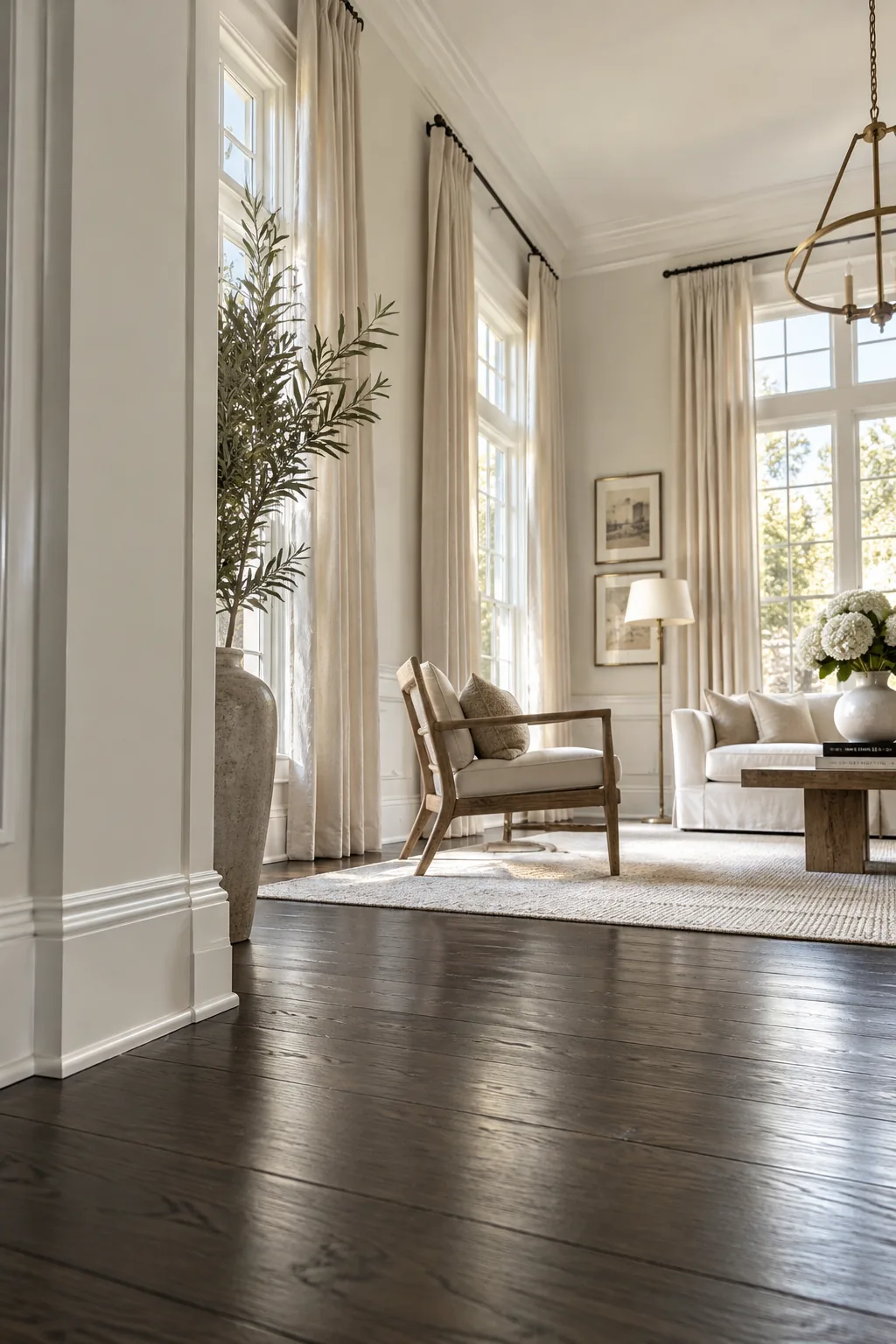 Living room with dark floors and high-gloss white baseboards