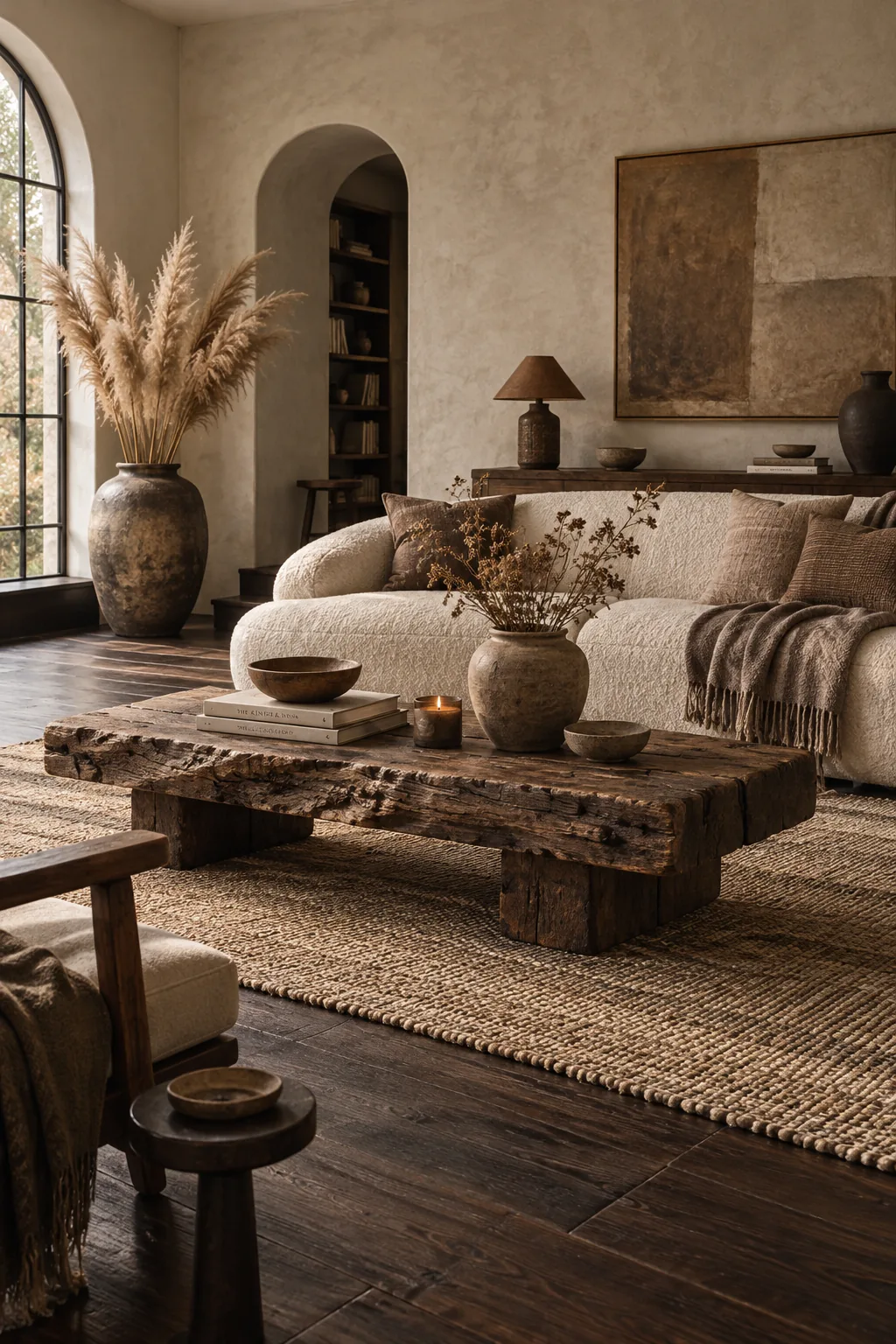 Modern organic living room with raw stone tables and dark walnut floors
