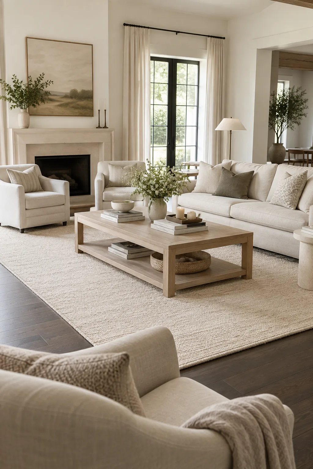 Properly sized neutral rug showing an 18-inch border of dark wood floor