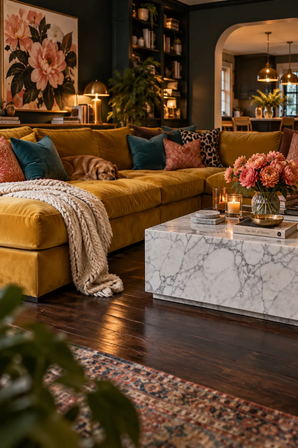 Chunky marble coffee table anchoring a living room with dark floors