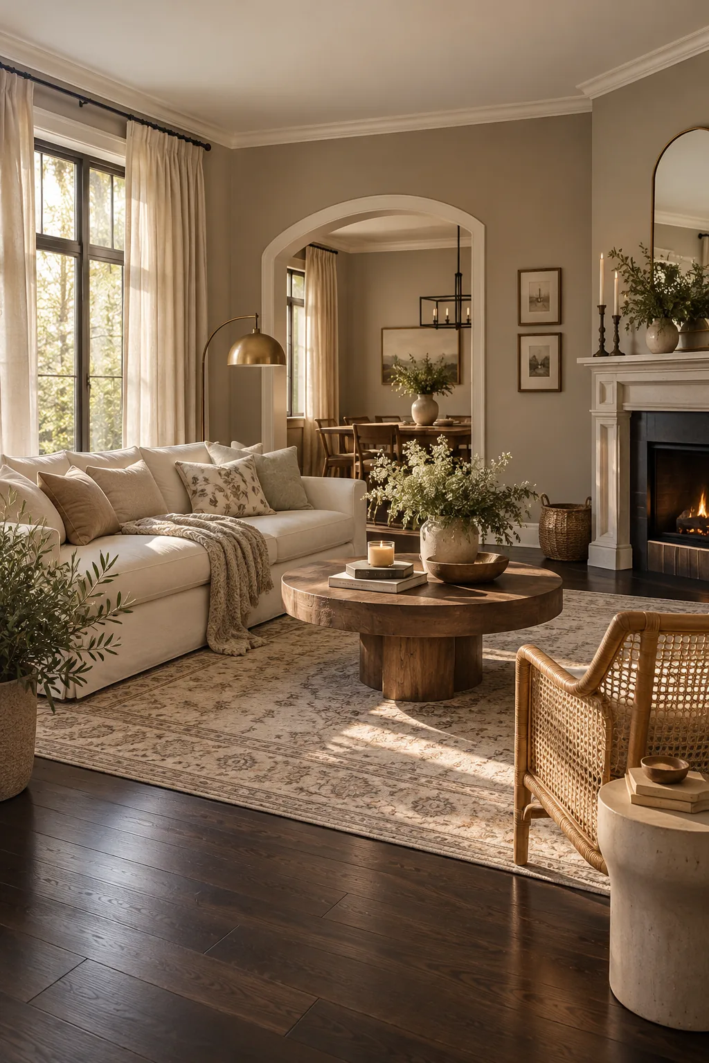Living room with dark floors and a brightly painted ceiling